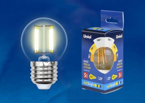 Лампа светодиодная филаментная Uniel E27 5W 3000K прозрачная LED-G45-5W/WW/E27/CL/MB GLM10TR UL-00002370 фото 2