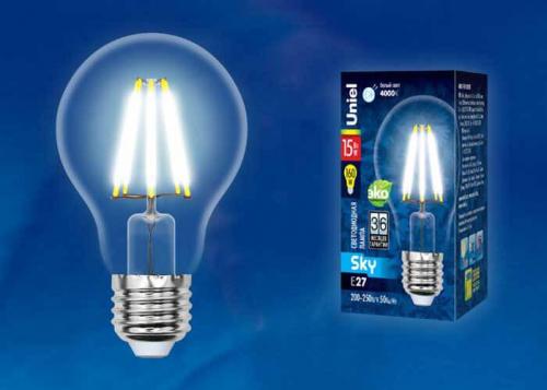 Лампа светодиодная филаментная Uniel E27 15W 4000K прозрачная LED-A70-15W/4000K/E27/CL PLS02WH UL-00004869 фото 2