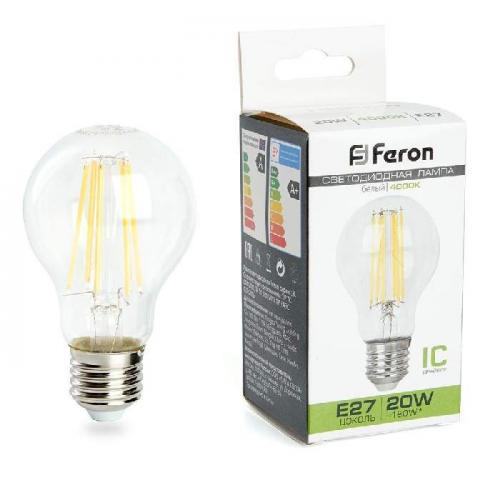 Лампа светодиодная филаментная Feron E27 20W 4000K прозрачная LB-620 38246