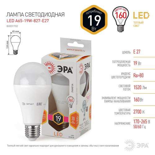 Лампа светодиодная ЭРА E27 19W 2700K матовая LED A65-19W-827-E27 Б0031702 фото 2